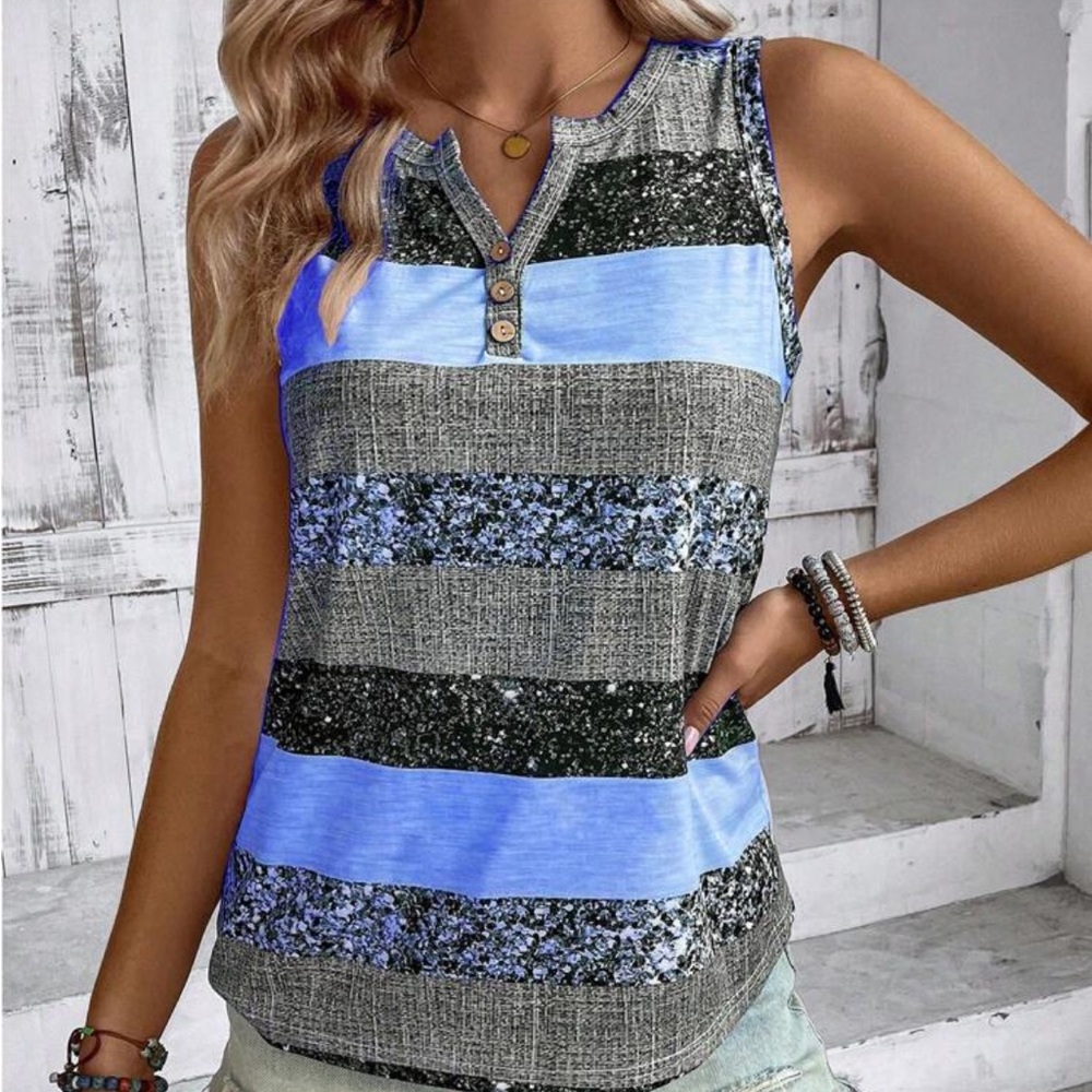 Sleeveless Striped V-Neck Tank Top in Blue and Gray